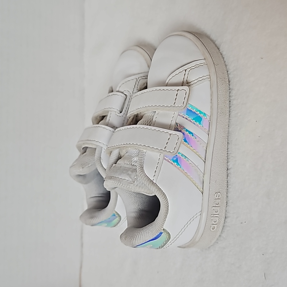 adidas Kids White Sneakers with Iridescent Stripes